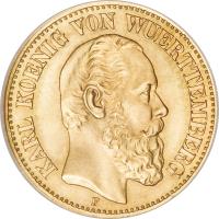 German States coin 10 Mark - Karl I (1872 - 1873) obverse obverse of 10 Mark - Karl I (1872 - 1873) coin with KM# 621 from German States. Inscription: KARL KOENIG VON WUERTTEMBERG F
