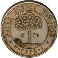 reverse of 8 Pesos (1862) coin with KM# Pn4 from Honduras.