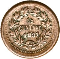 reverse of 1/2 Centavo (1881 - 1891) coin with KM# 45 from Honduras. Inscription: 1/2 CENTAVO 1891