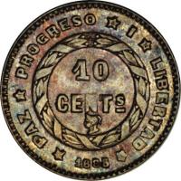 reverse of 10 Centavos (1884 - 1900) coin with KM# 49 from Honduras. Inscription: 10 CENTs 1885