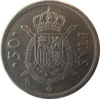 Spain coin 50 Pesetas - Juan Carlos I - With mintmark (1982 - 1984) reverse reverse of 50 Pesetas - Juan Carlos I - With mintmark (1982 - 1984) coin with KM# 825 from Spain. Inscription: · 50 · PTAS M