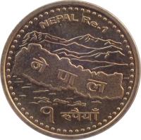 Nepal coin 1 Rupee - Gyanendra Bīr Bikram Shāh Dev (2007 - 2009) reverse reverse of 1 Rupee - Gyanendra Bīr Bikram Shāh Dev (2007 - 2009) coin with KM# 1204 from Nepal. Inscription: NEPAL Re.1 नेपाल १ रूपैयाँ
