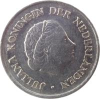 obverse of 25 Cents - Juliana (1950 - 1980) coin with KM# 183 from Netherlands. Inscription: JULIANA KONINGIN DER NEDERLANDEN
