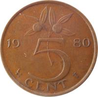 reverse of 5 Cents - Juliana (1950 - 1980) coin with KM# 181 from Netherlands. Inscription: 1979 5 CENT