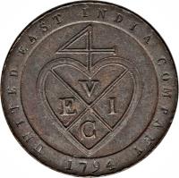 India coin 1/48 Rupee (1794) reverse reverse of 1/48 Rupee (1794) coin with KM# 394 from India. Inscription: ENGLISH UNITED EAST INDIA COMPANY 1794