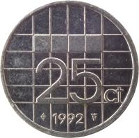 reverse of 25 Cents - Beatrix (1982 - 2001) coin with KM# 204 from Netherlands. Inscription: 25ct 2000
