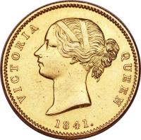 India coin 1 Mohur - Victoria (1841) obverse obverse of 1 Mohur - Victoria (1841) coin with KM# 462 from India.