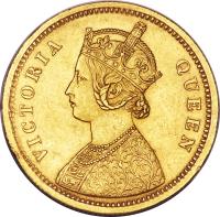 India coin 1 Mohur - Victoria (1862 - 1875) obverse obverse of 1 Mohur - Victoria (1862 - 1875) coin with KM# 480 from India. Inscription: VICTORIA QUEEN