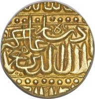 reverse of 1 Mohur - Abu'l-Fath Jalal ud-din Muhammad Akbar - Ahmadabad (1575 - 1579) coin with KM# 108.2 from India.