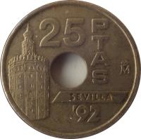 Spain coin 25 Pesetas - Juan Carlos I - Tower of Gold in Seville (1992) reverse reverse of 25 Pesetas - Juan Carlos I - Tower of Gold in Seville (1992) coin with KM# 905 from Spain. Inscription: 25 PTAS SEVILLA '92