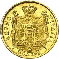 reverse of 20 Lire - Napoleon I (1808 - 1814) coin with KM# 11 from Italian States. Inscription: REGNO D'ITALIA 20.LIRE
