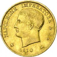 obverse of 20 Lire - Napoleon I (1808 - 1814) coin with KM# 11 from Italian States. Inscription: NAPOLEONE IMPERATORE E RE 1810 M