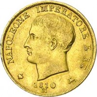 Italian States coin 20 Lire - Napoleon I (1808 - 1814) obverse obverse of 20 Lire - Napoleon I (1808 - 1814) coin with KM# 11 from Italian States. Inscription: NAPOLEONE IMPERATORE E RE 1810 M