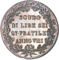 Italian States coin 1 Scudo (1799) reverse reverse of 1 Scudo (1799) coin with KM# 2 from Italian States. Inscription: SCUDO DI LIRE SEI 27 · PRATILE ANNO VIII
