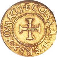obverse of 1 Scudo - Conrad I (1541) coin with FR# 412 from Italian States. Inscription: + CONRADVS · REX · ROMACG