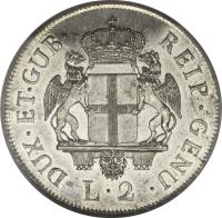 obverse of 2 Lire (1793 - 1796) coin with KM# 244 from Italian States. Inscription: DUX · ET GUB · REIP · GENU ·