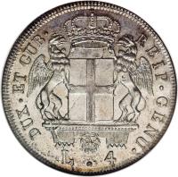 Italian States coin 4 Lire (1793 - 1797) obverse obverse of 4 Lire (1793 - 1797) coin with KM# 248 from Italian States. Inscription: DUX · ET GUB · REIP · GENU ·