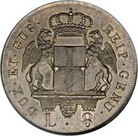 Italian States coin 8 Lire (1793 - 1797) obverse obverse of 8 Lire (1793 - 1797) coin with KM# 249 from Italian States. Inscription: DUX · ET GUB · REIP · GENU ·