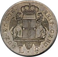 obverse of 8 Lire (1793 - 1797) coin with KM# 249 from Italian States. Inscription: DUX · ET GUB · REIP · GENU ·