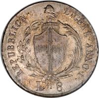 Italian States coin 8 Lire (1798 - 1799) obverse obverse of 8 Lire (1798 - 1799) coin with KM# 266 from Italian States. Inscription: REPUBBLICA. LIGURE. ANNO. 1.
