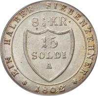 Italian States coin 15 Soldi / 8 1/2 Kreuzer - Franz II (1802) reverse reverse of 15 Soldi / 8 1/2 Kreuzer - Franz II (1802) coin with KM# 48 from Italian States. Inscription: 15 SOLDI