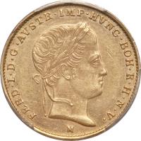 obverse of 1/2 Sovrano - Ferdinand I (1837 - 1849) coin with C# 20 from Italian States. Inscription: FERD. I. D. G. AVSTR. IMP. HVNG. BOH. R. H. N. V.