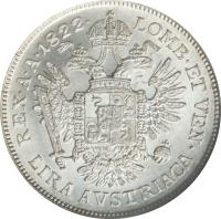 reverse of 1 Lira - Franz I (1822 - 1825) coin with C# 6 from Italian States. Inscription: LOMB · ET VEN · REX · A · A · 1822 LIRA AVSTIACA