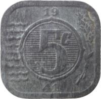 reverse of 5 Cents - Wilhelmina - German Occupation (1941 - 1943) coin with KM# 172 from Netherlands. Inscription: 5c 1941