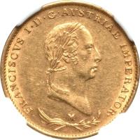 obverse of 1/2 Sovrano - Franz I (1820 - 1831) coin with C# 10 from Italian States. Inscription: FRANCISCVS I · D · G · AVSTRIAE IMPERATOR ·