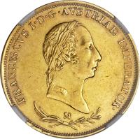 obverse of 1 Sovrano - Franz I (1820 - 1831) coin with C# 11 from Italian States. Inscription: FRANCISCUS I · D · G · AVSTRIAE IMPERATOR.