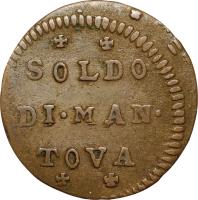 Italian States coin 1 Soldo - Charles IV (1731 - 1736) reverse reverse of 1 Soldo - Charles IV (1731 - 1736) coin with KM# 248 from Italian States. Inscription: SOLDO DI.MAN. TOVA