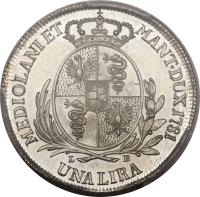 reverse of 1 Lira - Josef II (1781 - 1790) coin with KM# 208 from Italian States. Inscription: MEDIOLANIET MANT.DUX 1781 UNA LIRA