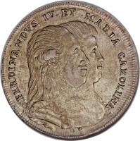 obverse of 1 Piastra - Ferdinando IV - Return of King and Queen from Austria (1791) coin with KM# 212 from Italian States.