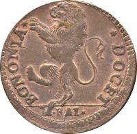 obverse of 1/2 Baiocco - Pius VI (1795 - 1796) coin with KM# 321 from Italian States. Inscription: * BONONIA * DOCET * M.BAI