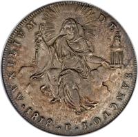 reverse of 1 Scudo - Pius VII (1815 - 1818) coin with KM# 1275 from Italian States. Inscription: AUXILIUM DE SANCTO · 1818 · R ·