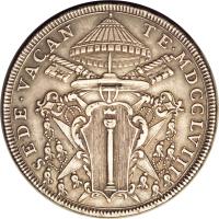 Italian States coin 1 Scudo - Clement VIII - Sede Vacante - Sede Vacante (1758) obverse obverse of 1 Scudo - Clement VIII - Sede Vacante - Sede Vacante (1758) coin with KM# 1187 from Italian States. Inscription: SEDE · VACAN TE · MDCCLVIII