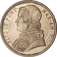 Italian States coin 1 Scudo - Pius IX (1846 - 1856) obverse obverse of 1 Scudo - Pius IX (1846 - 1856) coin with KM# 1336 from Italian States. Inscription: PIVS · IX · PONT · MAX · AN · VII ·