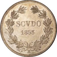 Italian States coin 1 Scudo - Pius IX (1846 - 1856) reverse reverse of 1 Scudo - Pius IX (1846 - 1856) coin with KM# 1336 from Italian States. Inscription: SCVDO 1853
