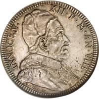obverse of 1 Piastra - Innocent XII - Peace of Ryswick (1698) coin with KM# 608 from Italian States. Inscription: INNOCEN · XII · P · M · AN · VII · S.VRBA · OP ·