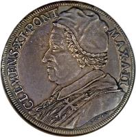 obverse of 1 Piastra - Clement XI - Restoration of the Basilica of Santa Maria in Trastevere (1702) coin with KM# 664 from Italian States. Inscription: CLEMENS · XI · PONT / MAX · A · II