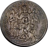 Italian States coin 1 Piastra - Clement XI - Restoration of the Basilica of Santa Maria in Trastevere (1702) reverse reverse of 1 Piastra - Clement XI - Restoration of the Basilica of Santa Maria in Trastevere (1702) coin with KM# 664 from Italian States. Inscription: DILEXI · / DE / COREM · / DOMVS · TVAE