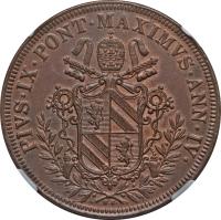 obverse of 5 Baiocchi - Pius IX (1849 - 1850) coin with KM# 1346 from Italian States. Inscription: PIVS.IX.PONT.MAXIMVS.ANN.IV. N.C.