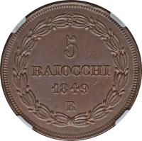 reverse of 5 Baiocchi - Pius IX (1849 - 1850) coin with KM# 1346 from Italian States. Inscription: 5 // BAIOCCHI // 1849 // R