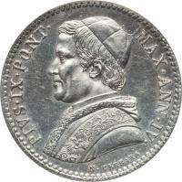 obverse of 20 Baiocchi - Pius IX (1848 - 1856) coin with KM# 1337 from Italian States.