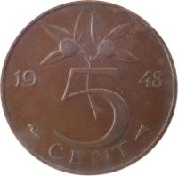 reverse of 5 Cents - Wilhelmina (1948) coin with KM# 176 from Netherlands. Inscription: 5 CENT 1948