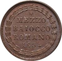 Italian States coin 1/2 Baiocco - Gregory XVI (1831 - 1834) reverse reverse of 1/2 Baiocco - Gregory XVI (1831 - 1834) coin with KM# 1313 from Italian States. Inscription: * // MEZZO // BAIOCCO // ROMANO // 1834