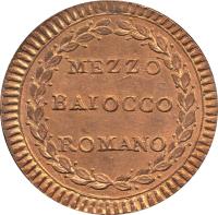 reverse of 1/2 Baiocco - Pius VI (1786 - 1797) coin with KM# 1227 from Italian States. Inscription: MEZZO BAIOCCO ROMANO