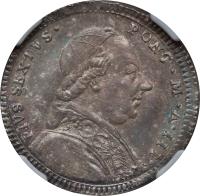 obverse of 2 Giulio - Pius VI (1777 - 1784) coin with KM# 1034 from Italian States. Inscription: PIVS SEXTVS · PONT · M · A · III ·