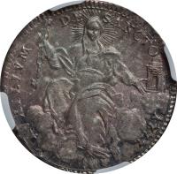 reverse of 2 Giulio - Pius VI (1777 - 1784) coin with KM# 1034 from Italian States. Inscription: AVXILIVM DE SANCTO 1777