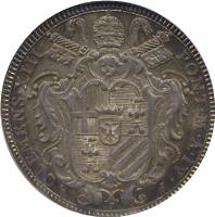 Italian States coin 1 Testone / 30 Baiocchi - Clement XIII (1761 - 1767) obverse obverse of 1 Testone / 30 Baiocchi - Clement XIII (1761 - 1767) coin with KM# 1001 from Italian States. Inscription: CLEMENS.XIII / PONT.M.A.IV